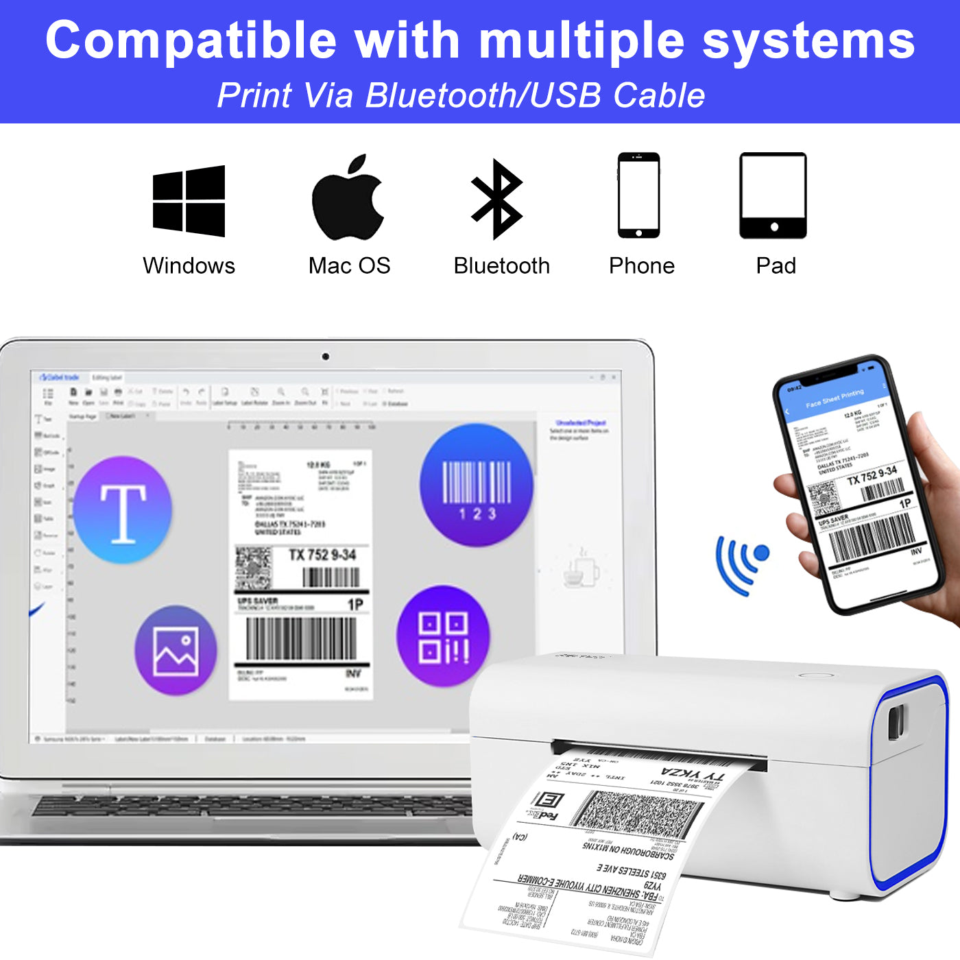 LV-1300 80mm Thermal Label Printer - USB + Bluetooth Shipping Label Printer