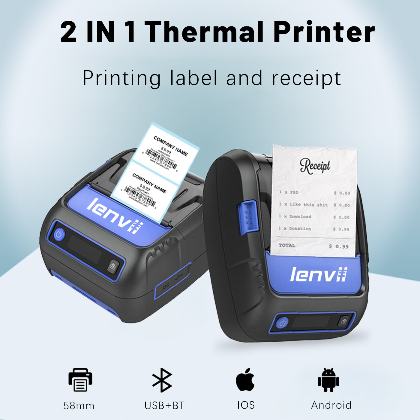 LENVII 288B 2Inch/58MM Portable Thermal Label and Receipt Printer with Bluetooth Connection