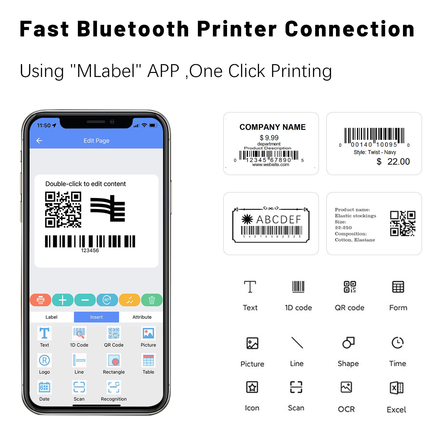 LENVII 288B 2Inch/58MM Portable Thermal Label and Receipt Printer with Bluetooth Connection