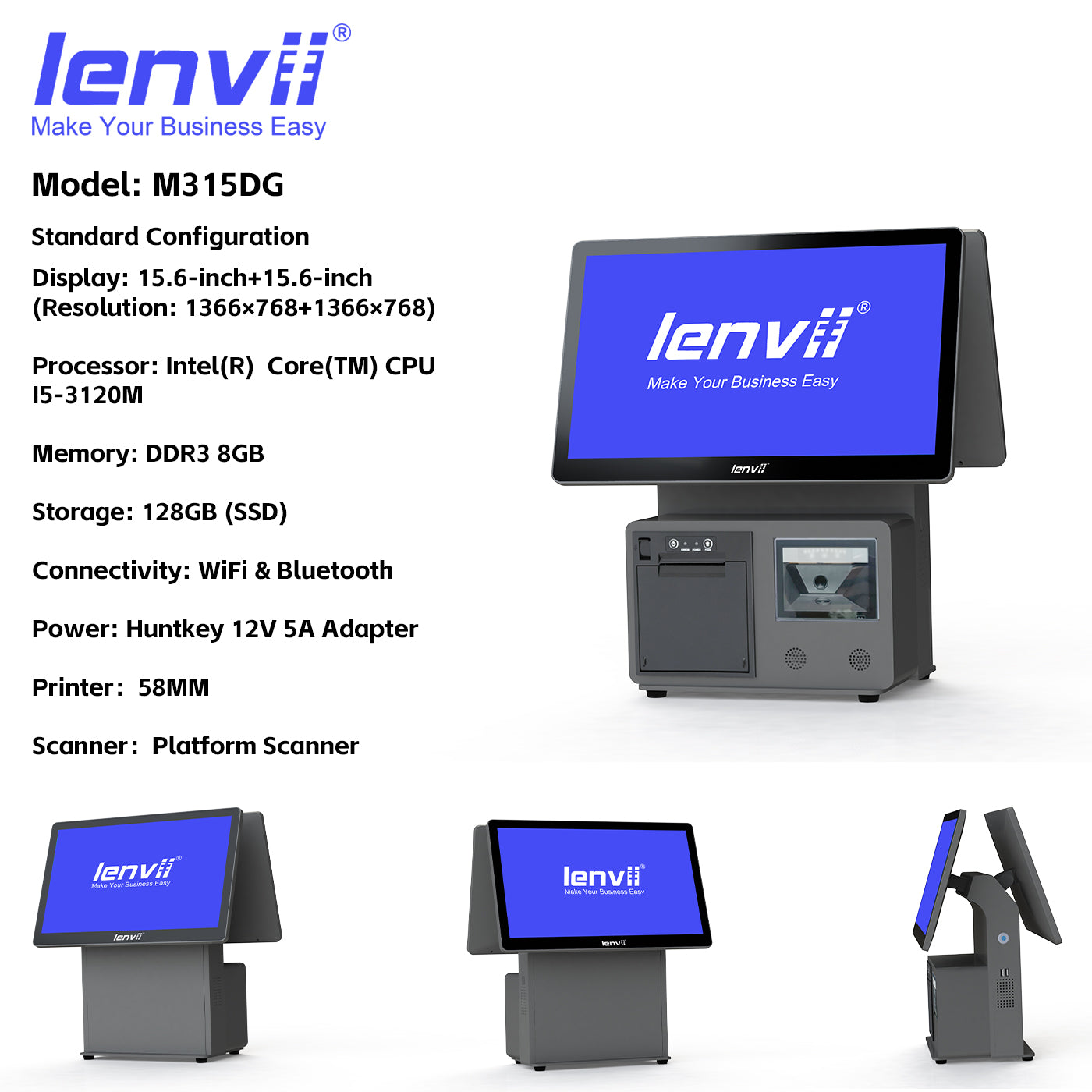 LENVII M315DG Dual 15.6" Screen Windows POS Terminal | Double Display Cash Register